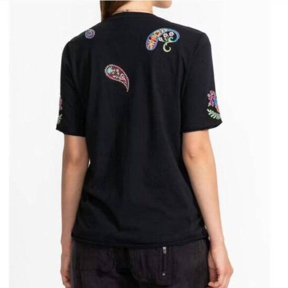 Johnny Was Top XL Black Raw Hem V-Neck Tee Embroidered Floral 100% Cotton - Picture 7 of 11